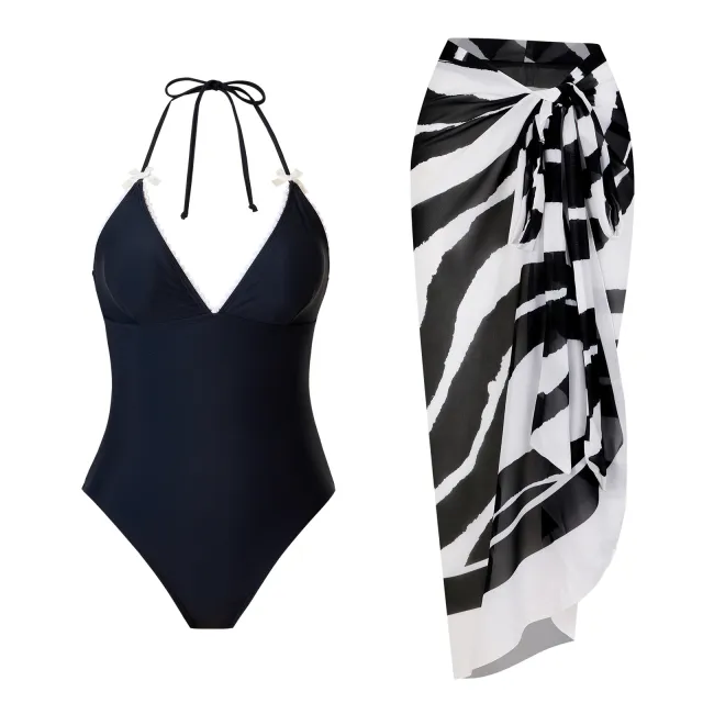 Lace up One piece Swimsuit Black And White Set Swimwear Black Suit - Shop at LoveMi