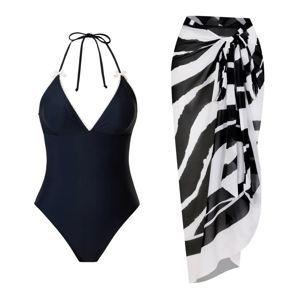 Lace-up One-piece Swimsuit Black And White Set Swimwear - Black Suit