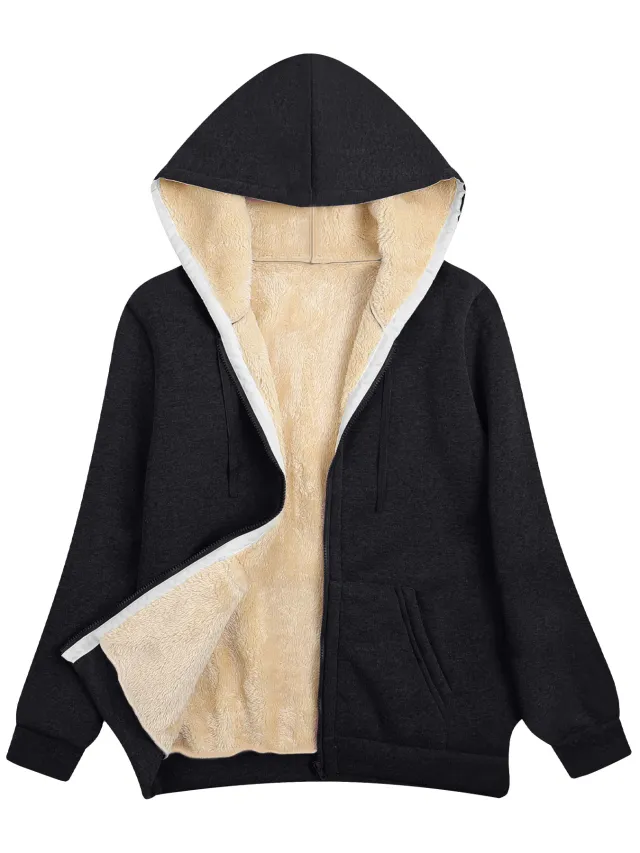 Fleece lined Thickened Hooded Plush Women's Coat Black - Shop at LoveMi