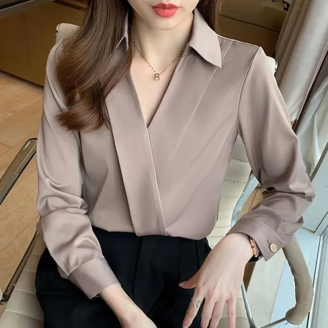 Women's Long sleeved Shirt Slim Fit Simple And Mature Style Workplace Khaki - Shop at LoveMi