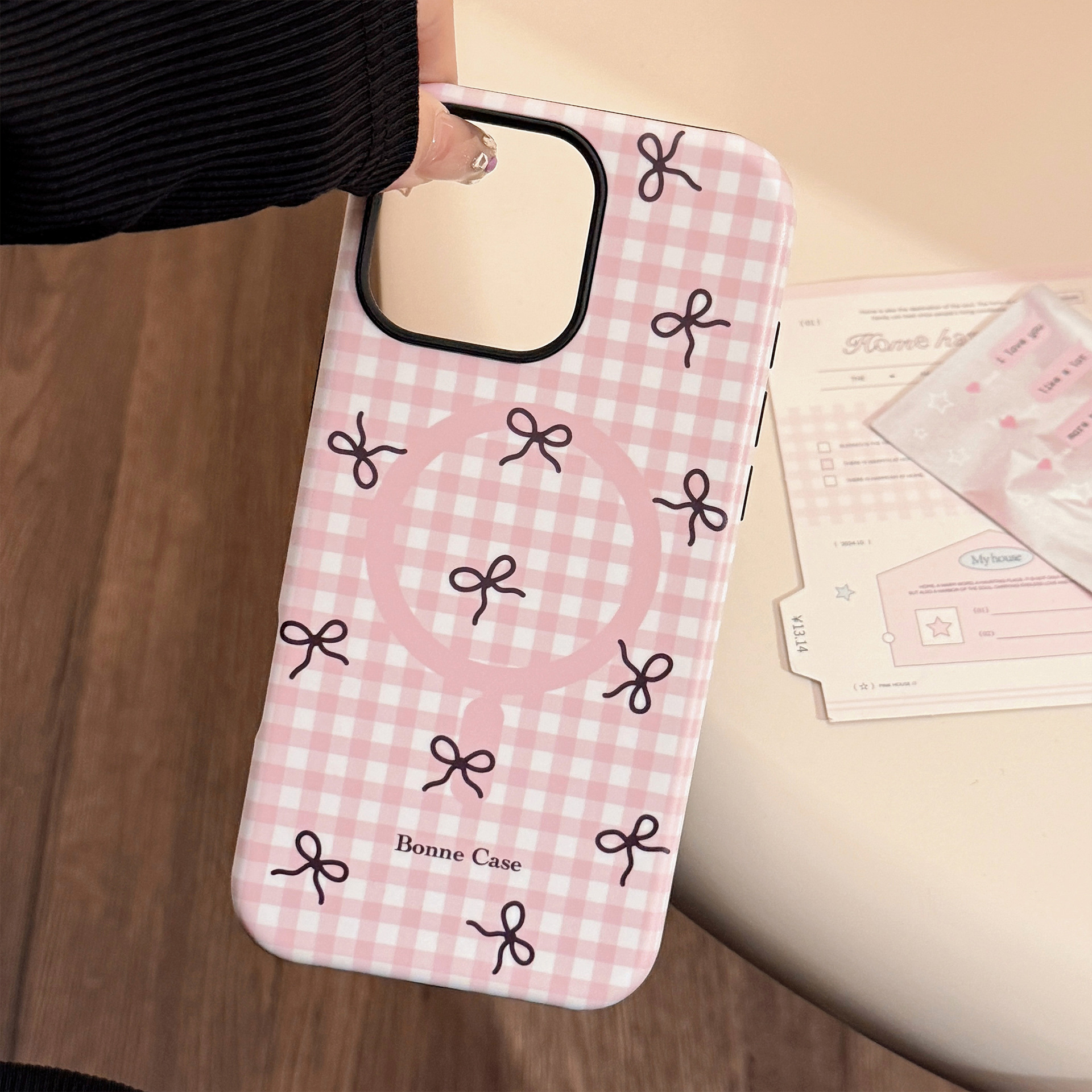 Plaid Bowknot Magnetic Stand Phone Case