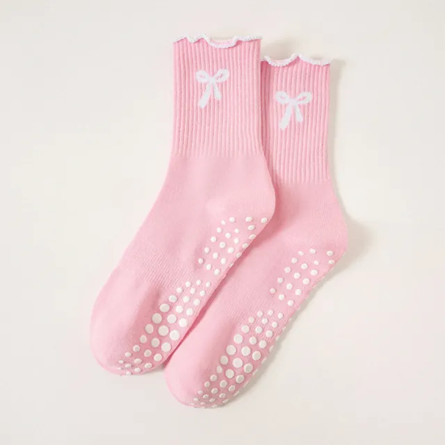 Sports Socks Yoga Mid Calf Socks Non Slip Silicone Ruffle Cotton Socks Pink - Shop at LoveMi