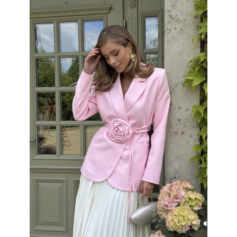 Womens Loose-Fit Lace-Up Blazer With 3D Floral Embellishments