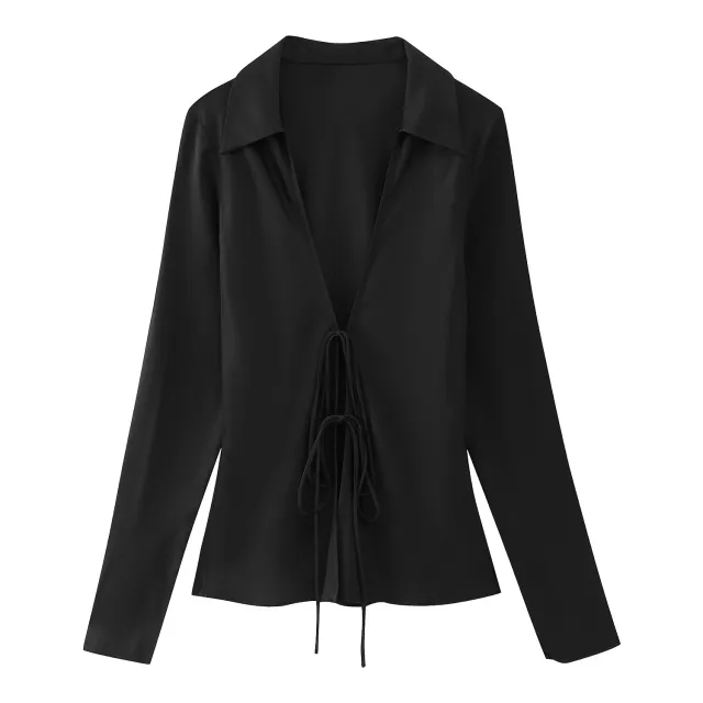 Winter New Women's Clothing Style Fashion Bowknot Silk Satin Textured Shirt Black - Shop at LoveMi