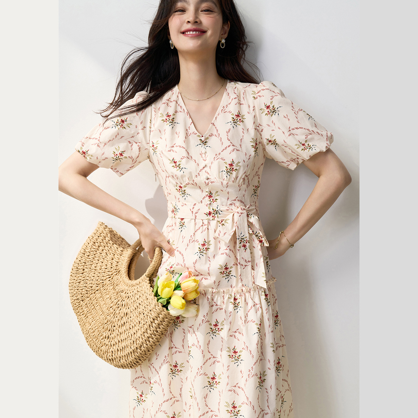 V-neck Puff Sleeve Tea Pure Cotton Printed Waist-controlled Dress