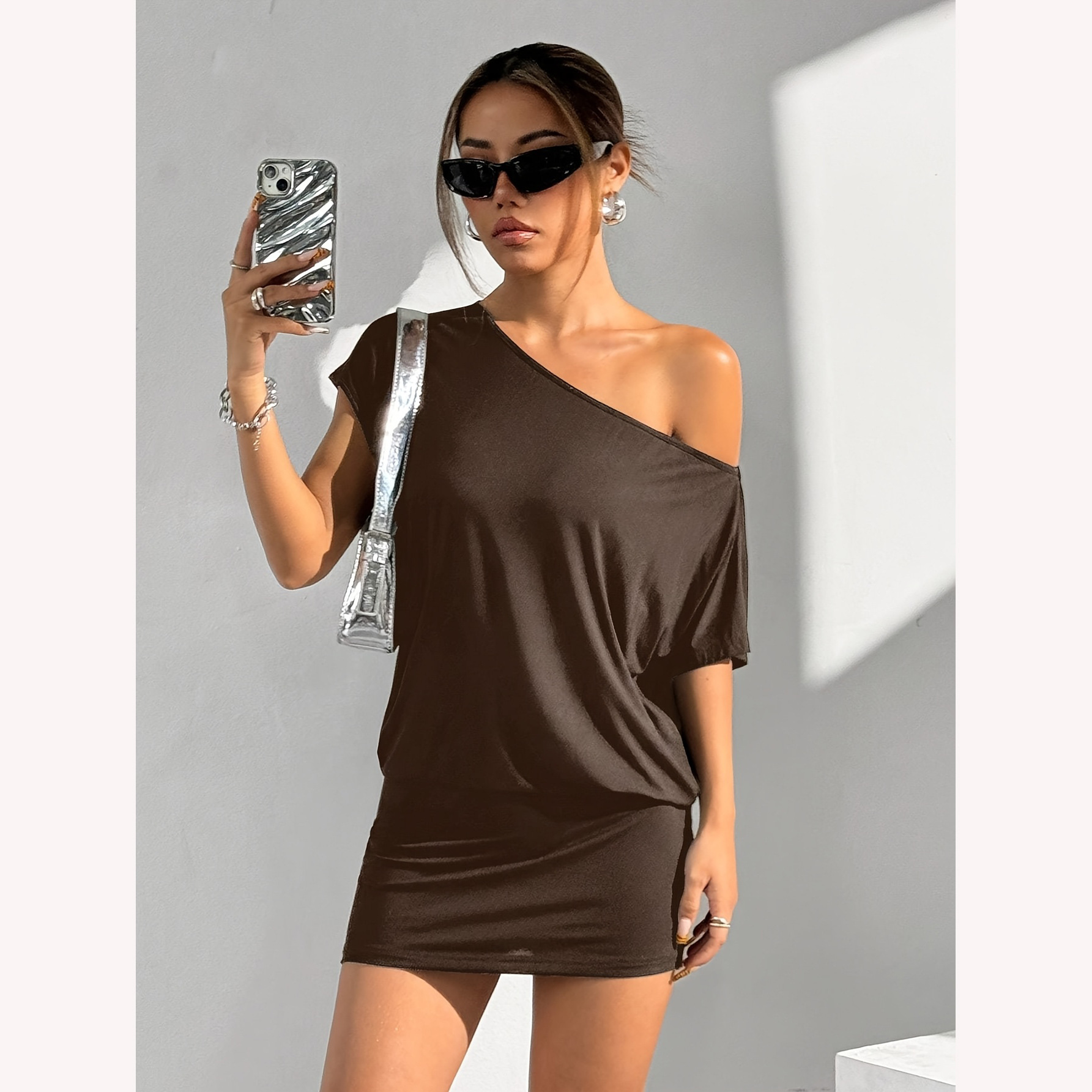 Asymmetric Collar Short-sleeved Casual T-shirt Dress