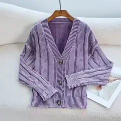 European And American Old Knitted Coat Women's Loose V-neck - Purple - View 1