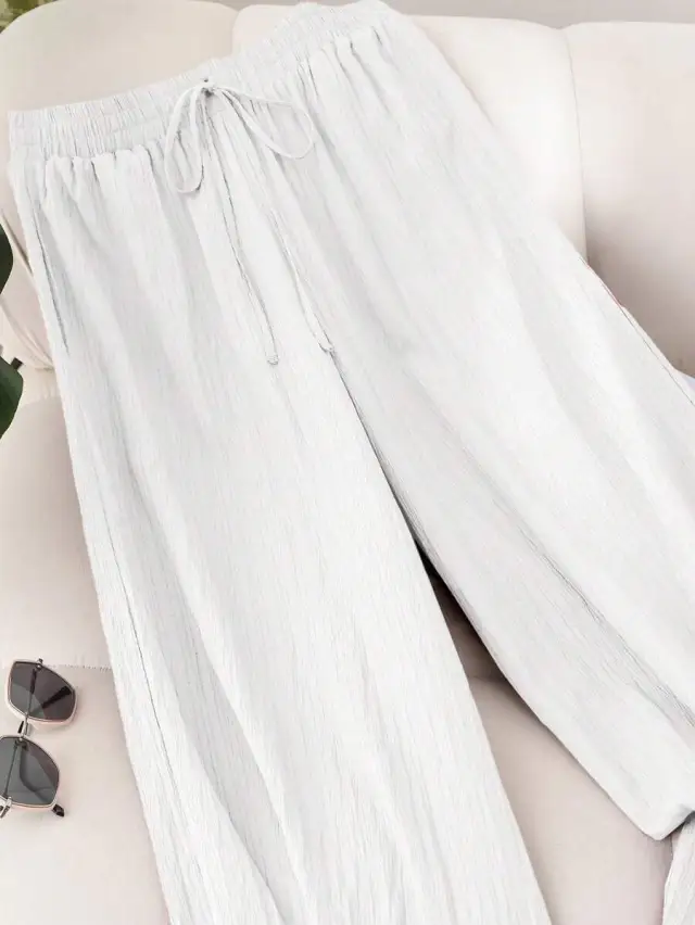 Elastic Waist Wide Leg Pants Cotton Loose Trousers White - Shop at LoveMi
