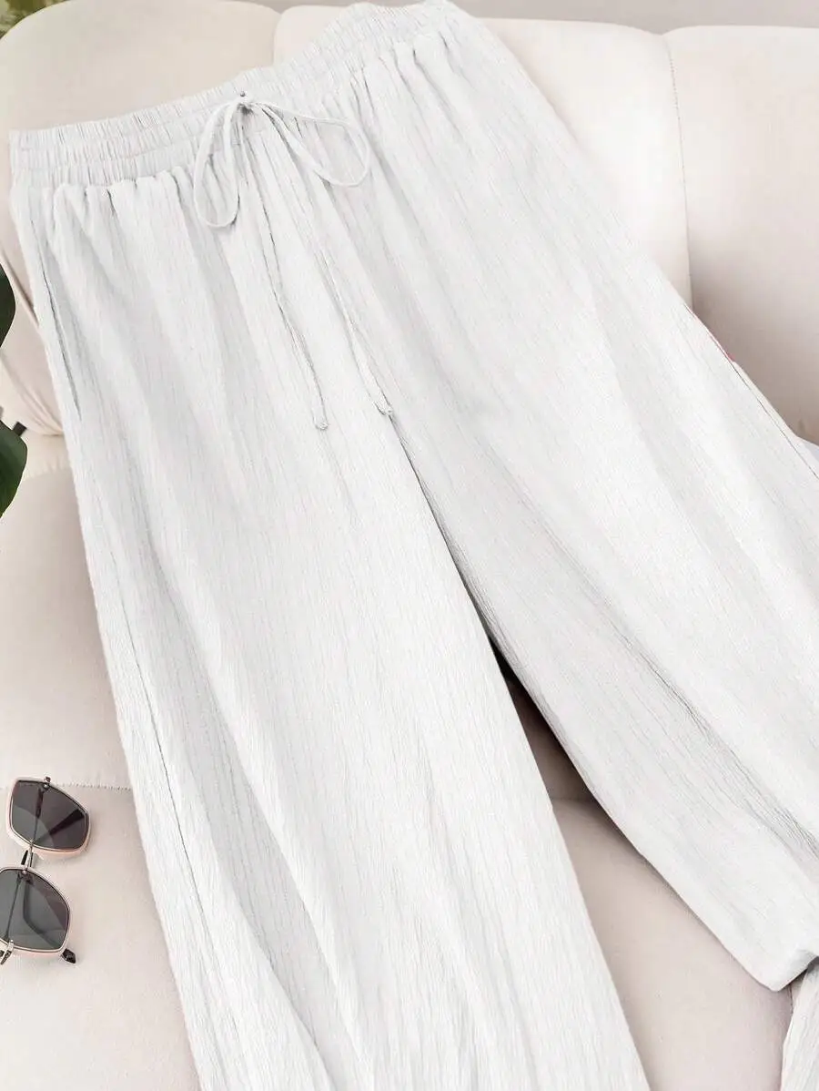 Elastic Waist Wide Leg Pants Cotton Loose Trousers - White