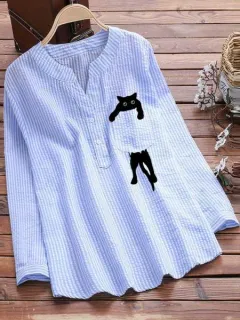 Women's Striped Cotton And Linen Pocket Printed Casual V-neck Long Sleeve Shirt - Sky Blue - View 1