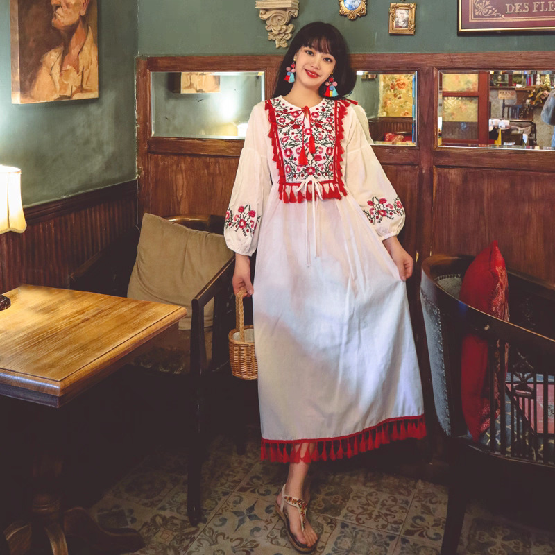 Womens White Resort Dress From Dali Yunnan With Color-block Desig