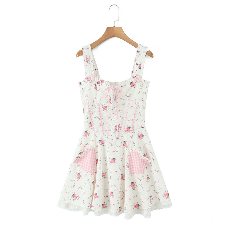 Summer Heart-shaped Pocket Fishbone Girdle Rose Printing Slip Dress