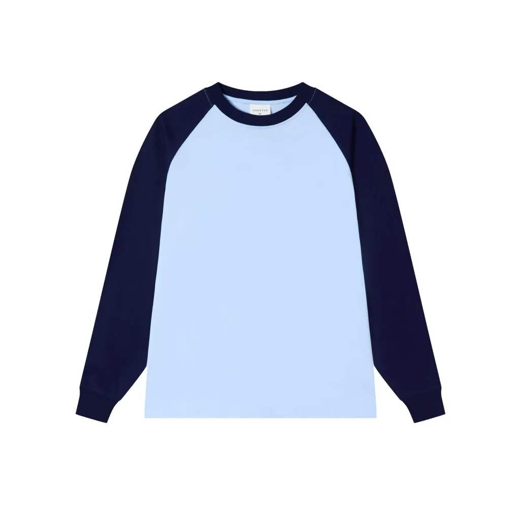 Heavy Cotton Thread Sleeve Color Matching Raglan Round Neck Bottoming Shirt For Women - Haze Blue Navy Blue