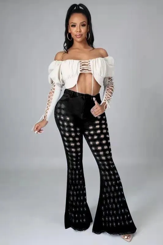 Women's Washed Hole Sanding Sexy Stretch Denim Bell bottom Pants Black - Shop at LoveMi