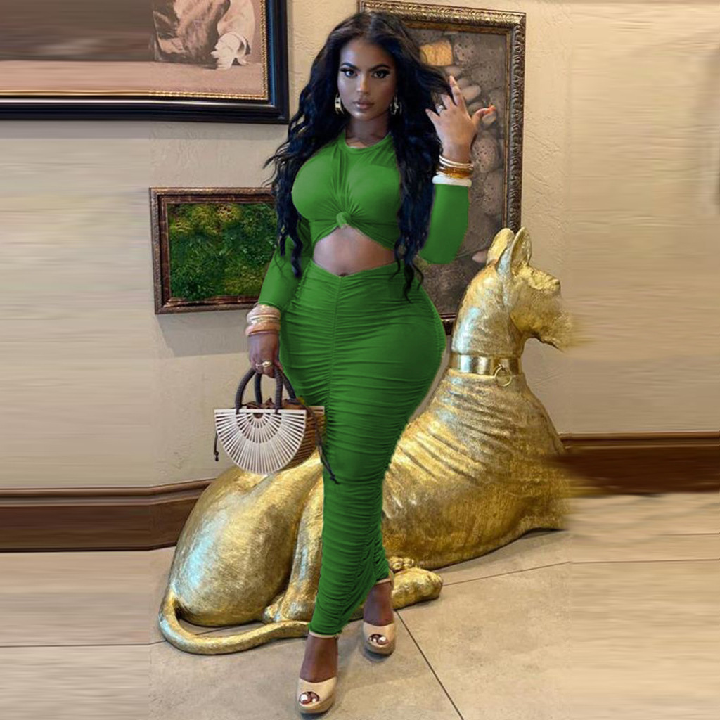 Fashion Round Neck Solid Color Long Sleeve Dress