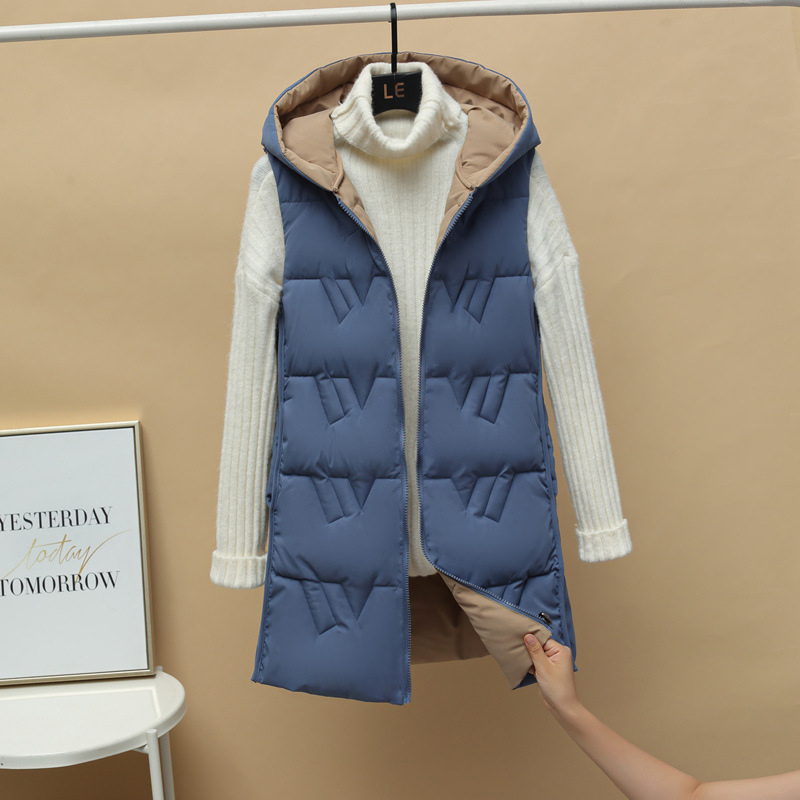 Double sided Vest Women's Winter Mid length Vest Korean Style Autumn And Winter Down Cotton Vest Thick Coat Blue - Shop at LoveMi