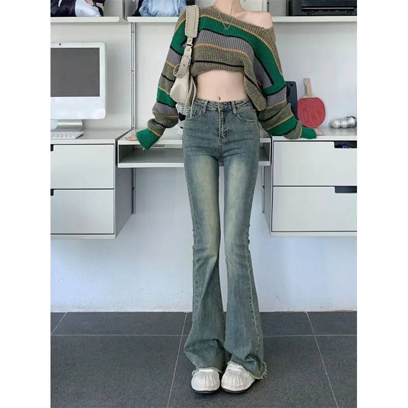 New Raw Hem High Waist Slightly Flared Retro Stretch Jeans For Women - Blue
