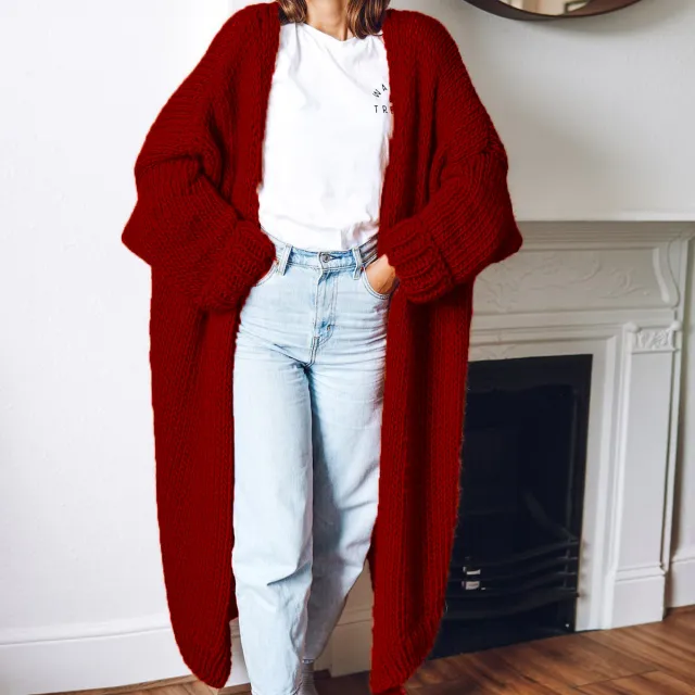 Long Solid Color Plus Size Loose Cardigan Sweater Coat Wine Red - Shop at LoveMi