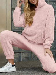 Winter Plush Pyjama Set Fashion Casual Hooded Top And Elastic Band Pants Warm Sofa Carpet Home Clothes Women's Trousers Set Clothing - Pink - View 1