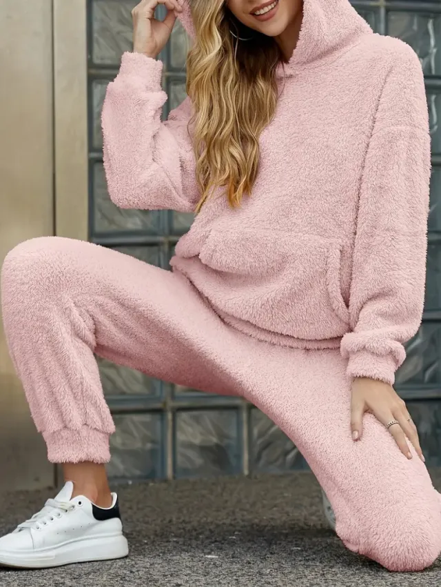 Winter Plush Pajama Set Fashion Casual Hooded Top And Elastic Band Pants Warm Sofa Carpet Home Clothes Women's Trousers Set Clothing Pink - Shop at LoveMi