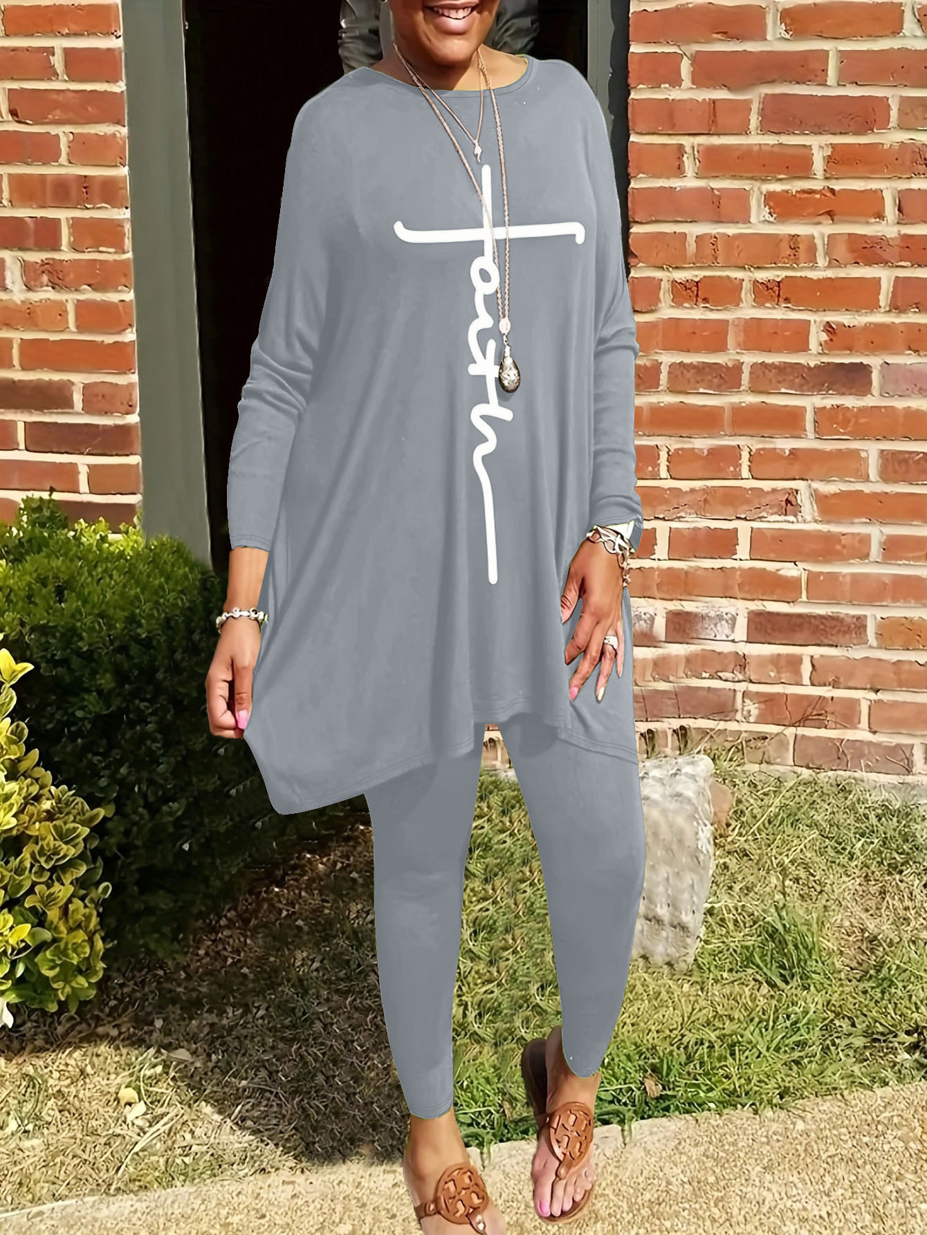 Round Neck Loose Long Sleeves Solid Color Printed Plus Size Women's Clothing Two-piece Set - Image 2