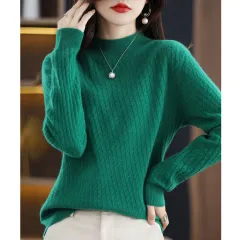 100 Pure Wool Women's Half Turtleneck Knitted Bottoming Shirt Sweater - Emerald-Xxl - View 1