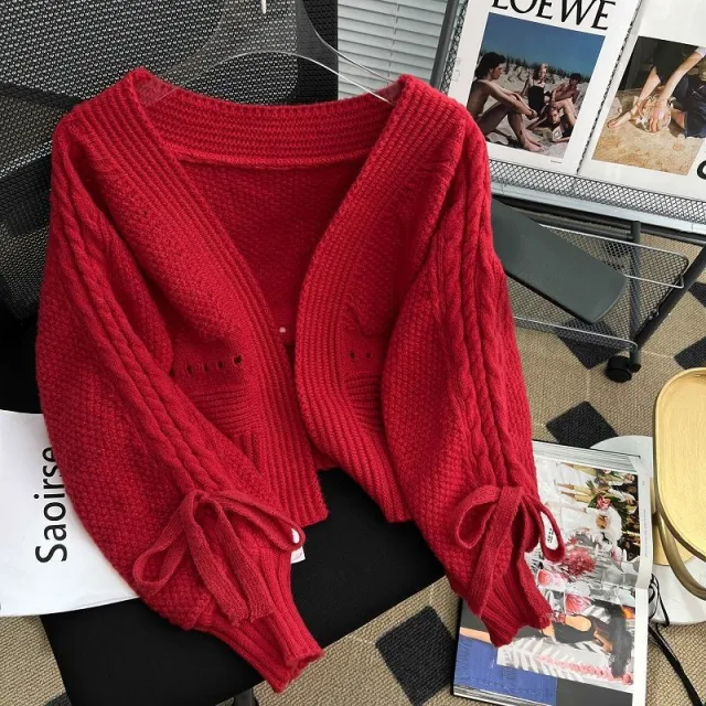 Western Style Outer Match Knitted Cardigan Loose Short Long Sleeve Top Red - Shop at LoveMi
