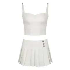 Fashion Y2g Style Solid Colour Pleated Skirt Suit Two-piece Set - White - View 1