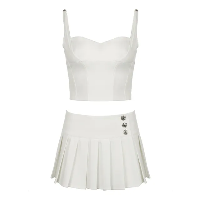 Fashion Y2g Style Solid Color Pleated Skirt Suit Two piece Set White - Shop at LoveMi