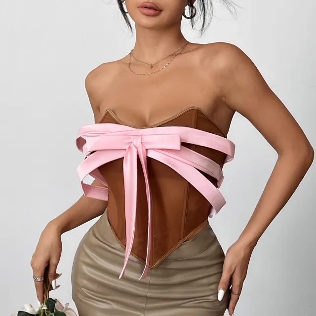 Bow Tube Top Backless Fishbone Contrast Color Vest Dark Brown - Shop at LoveMi