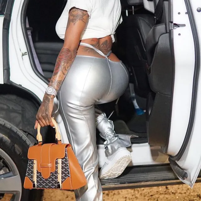 European And American High Waist Fashion Elastic Pants PU Silver Leather Pants Lace up Ankle tied Women's Trousers Silver - Shop at LoveMi