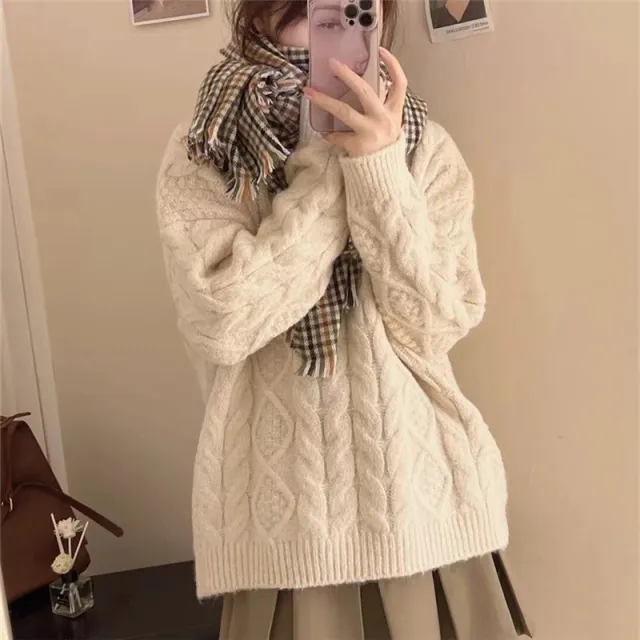 Retro Twist Sweater Women's Soft Glutinous Loose Round Neck Apricot - Shop at LoveMi