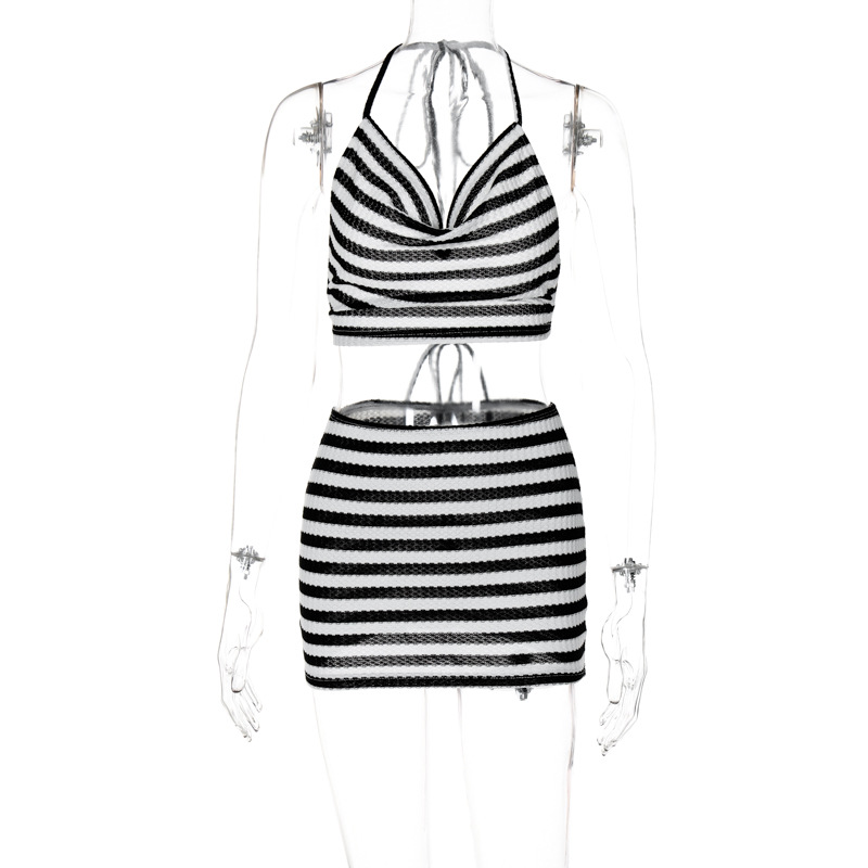 Halter Backless Chest Wrap Fashion Striped Sheath Skirt Outfit Stripes - Shop at LoveMi
