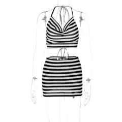 Halter Backless Chest Wrap Fashion Striped Sheath Skirt Outfit - Stripes - View 1