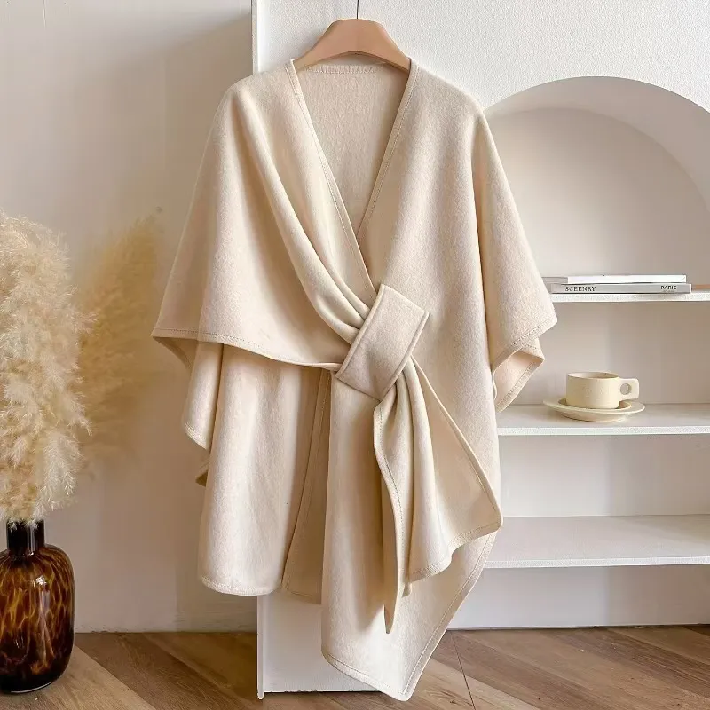 Faux Fur Collar Pom Pom Knitted Cardigan Cape - Women's Warm Winter Shawl Wrap Coat