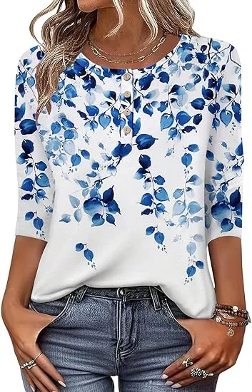 Printed 34 Sleeves Button Women's T-shirt - Blue