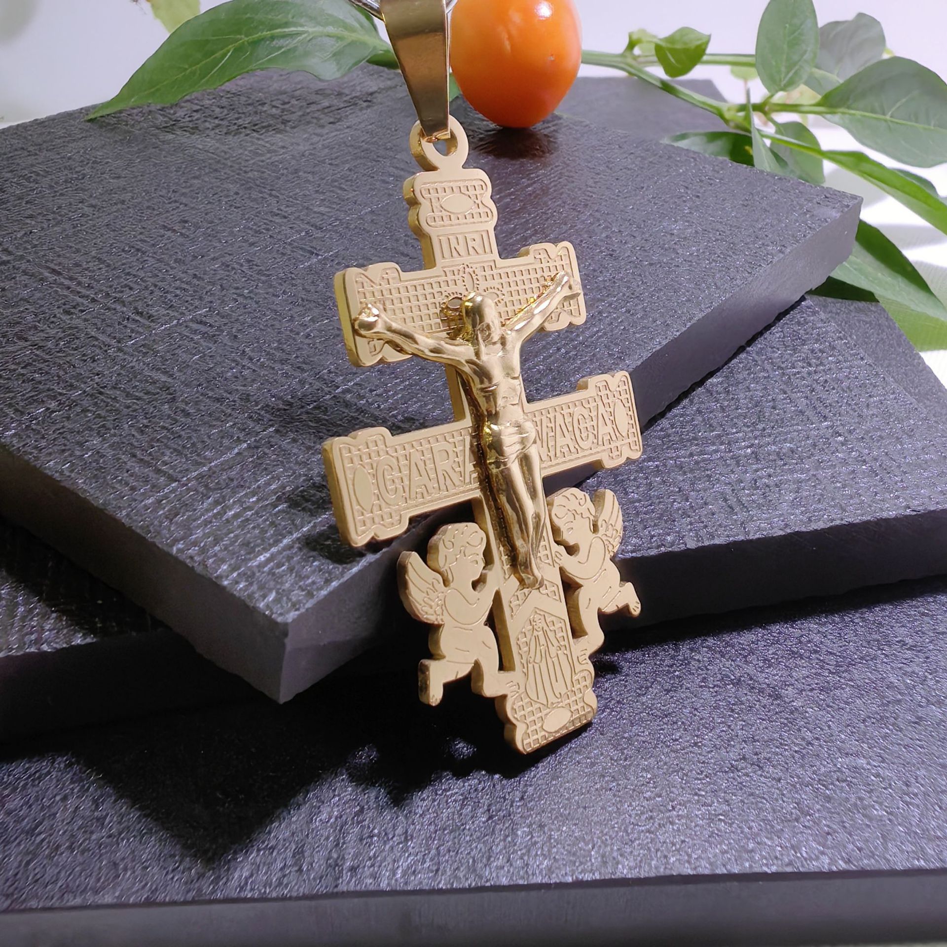 Men's Pearl Chain Flat Titanium Steel Exorcism Guardian Angel Pendant Necklace