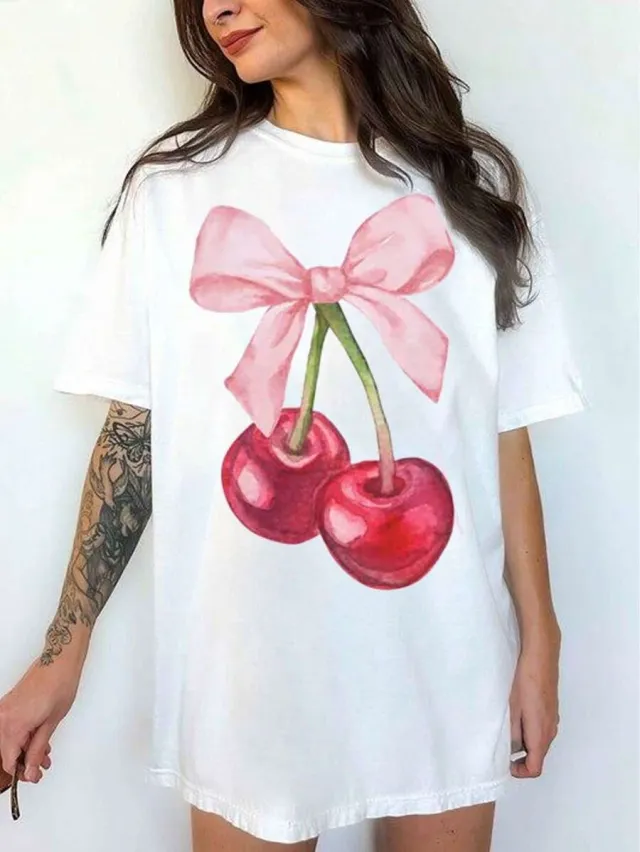 Letter Pattern Loose Casual Print Drop Shoulder Short Sleeve Zw111989P Cherry Bow M - Shop at LoveMi
