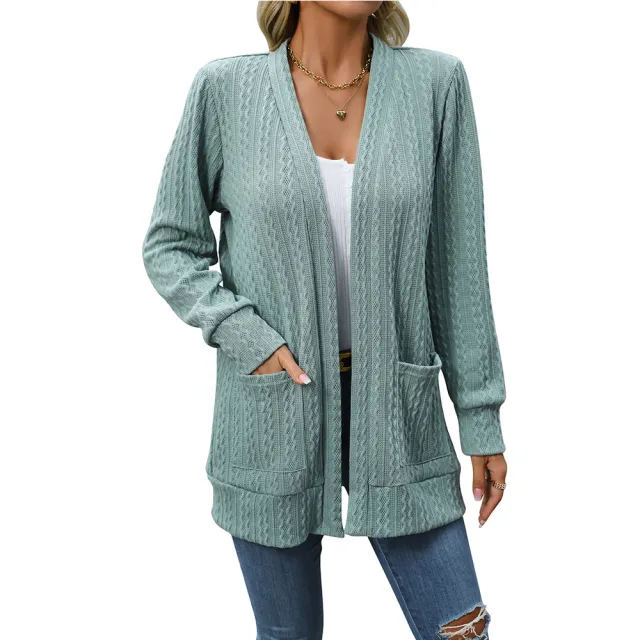 Solid Color Loose Shawl Mid length Cable knit Sweater Cardigan Pea Green - Shop at LoveMi