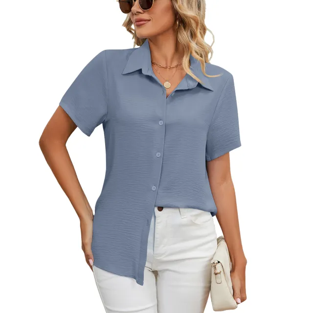 Women's Summer Anti wrinkle V neck Casual Loose Solid Color Shirt Top Gray - Shop at LoveMi