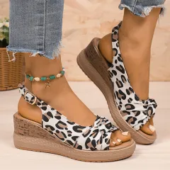 Women's Plus Size Hemp Rope Bow Wedge Casual Sandals - Leopard - View 1