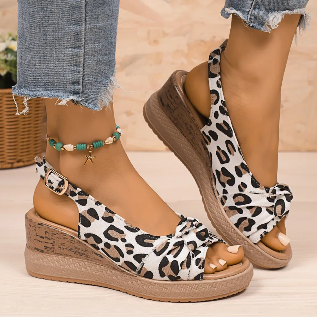 Women's Plus Size Hemp Rope Bow Wedge Casual Sandals - Leopard