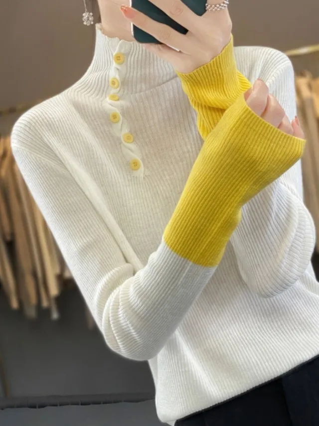 Color Matching Turtleneck Wool Sweater All matching White - Shop at LoveMi