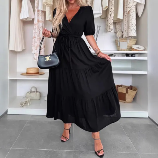 Summer V neck Dress Wrapped Chest Solid Color Loose Lace up Dress Black - Shop at LoveMi