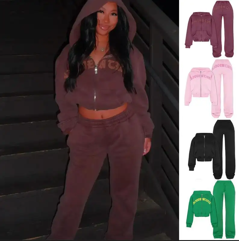 Letter Sports Suit Zip-up Hooded Cropped Sweatshirt Top