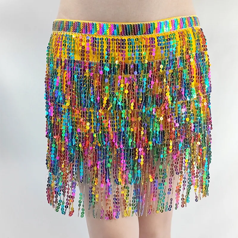 Belly Dance Four Layers Tassels Waist Chain Sequin Dress Female - Colorful Gold