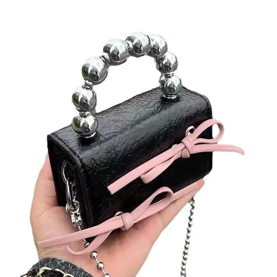 Textured Cute Bow Mini Chain Handbag Black - Shop at LoveMi