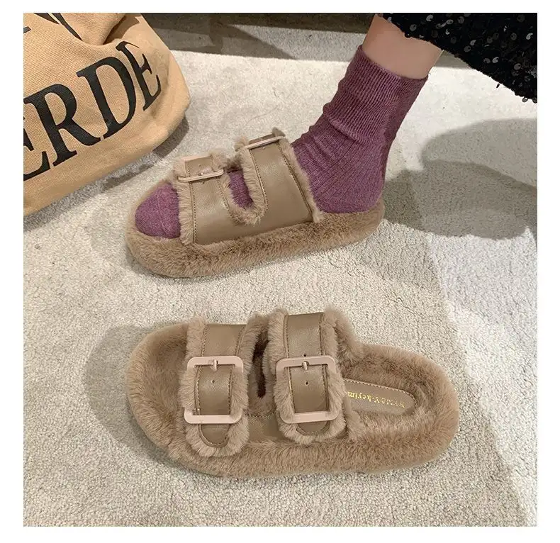 Women's Fashion All-match Furry Fleece-lined Belt Buckle Cotton Slippers