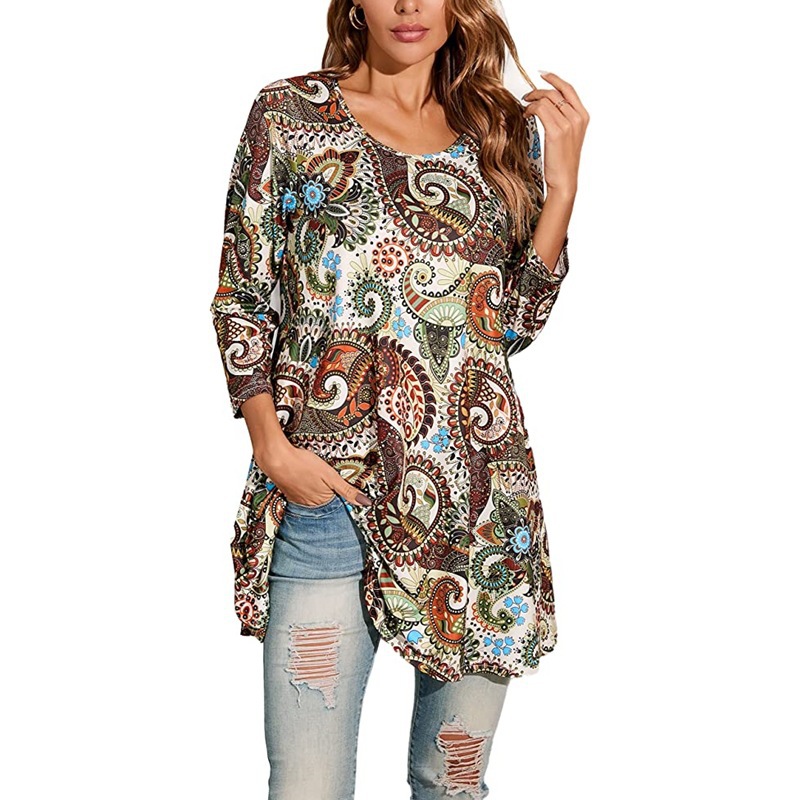 Casual Three quarter Sleeve Floral Flowy Loose Round Neck T shirt Floral - Shop at LoveMi