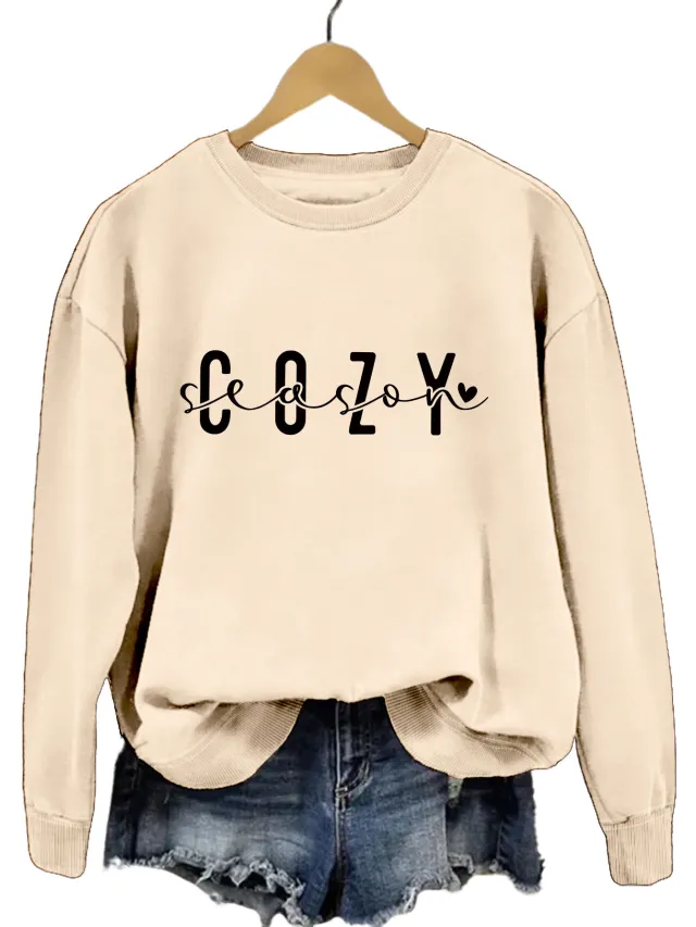 Fashion Printed Cozy Season Autumn Crew Neck Long Sleeve All match Loose Sweater Black - Shop at LoveMi